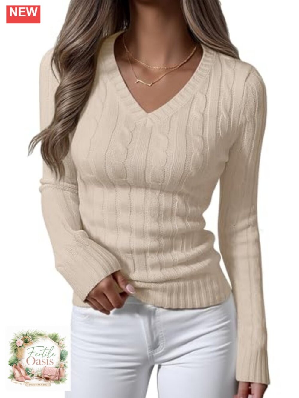 Women's Cable Knit V-Neck Slim Fit Pullover Sweater Long Sleeve Soft